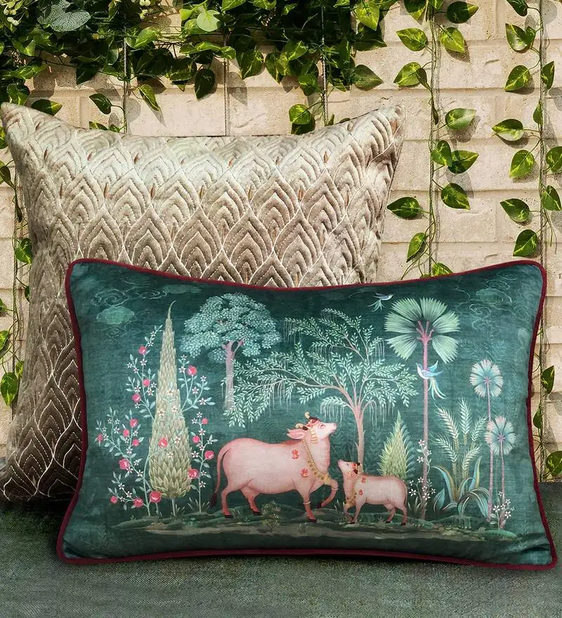 Pichwai green pillow sham 12x18 inches – decorative lumbar cushion cover for sofa, bed & home styling