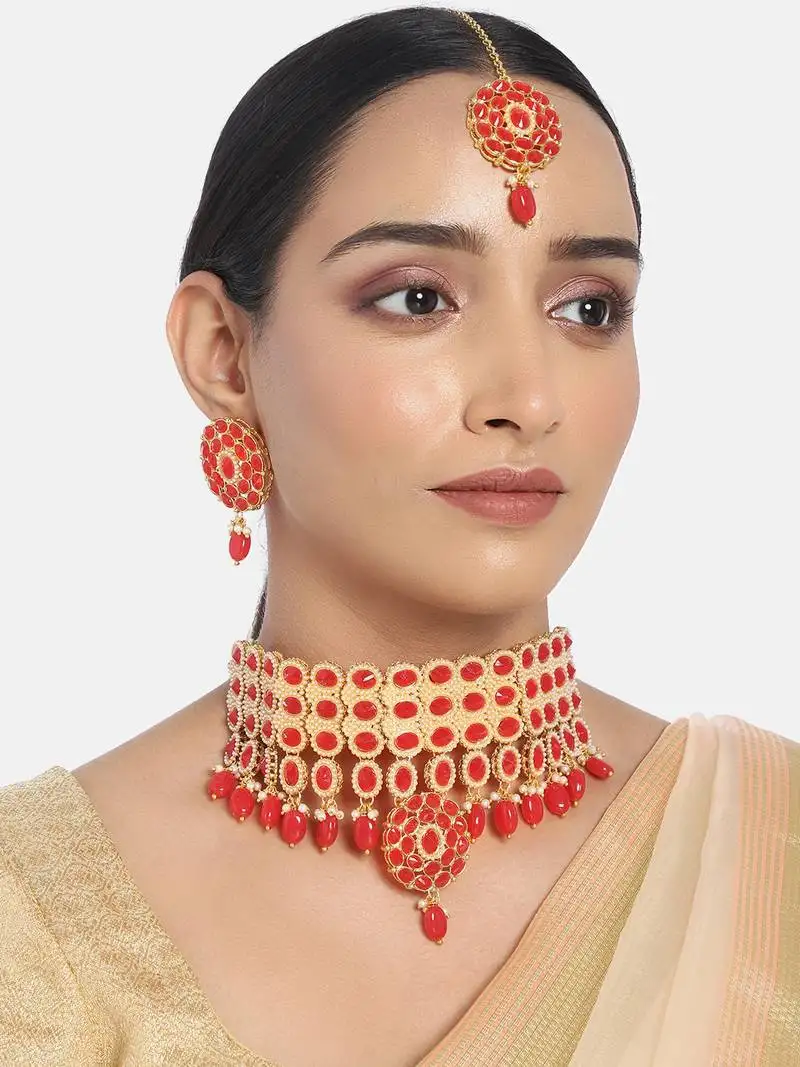Traditional deepika style gold plated bridal pearl choker necklace set with maang tikka