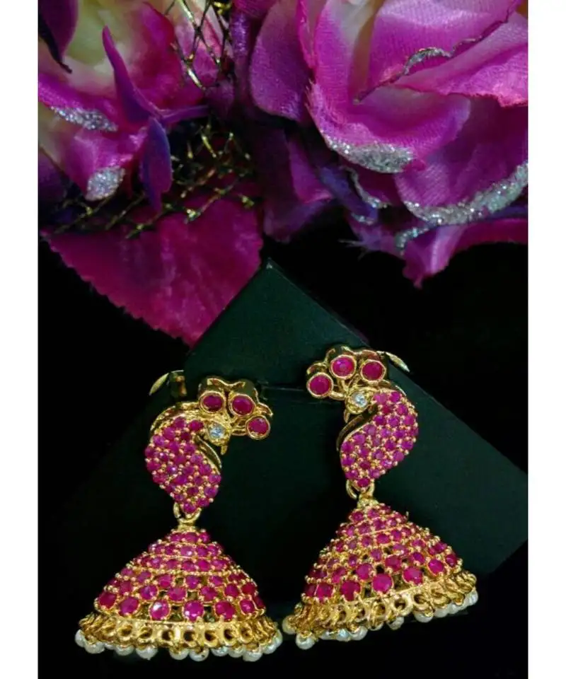 Gorgeous red colour stones peacock jumkas