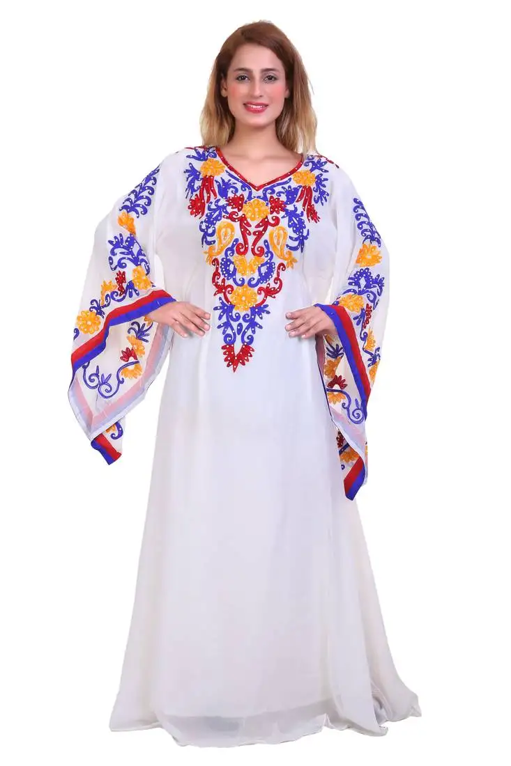 White ari work georgette islamic style stone embedded partywear kaftan long gown evening wear dubai kaftan