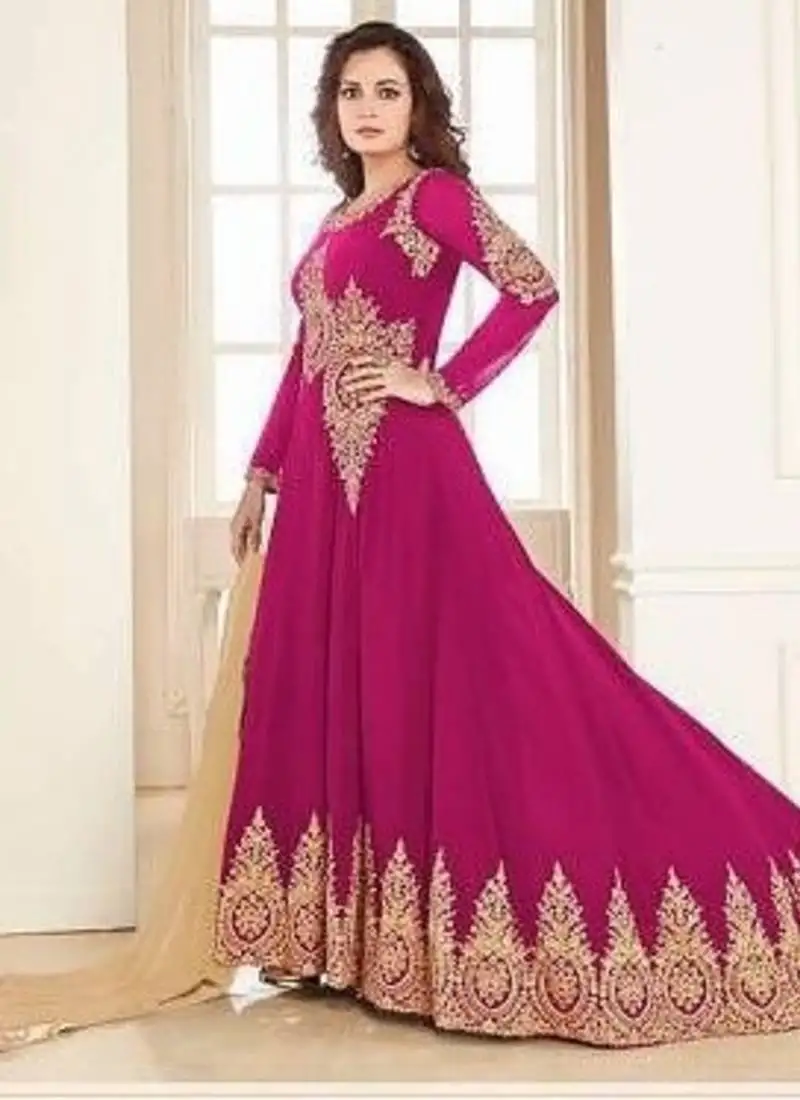 Rama pink faux georgette embroidered wedding wear designer anarkali semi-stiched suit semi stitched