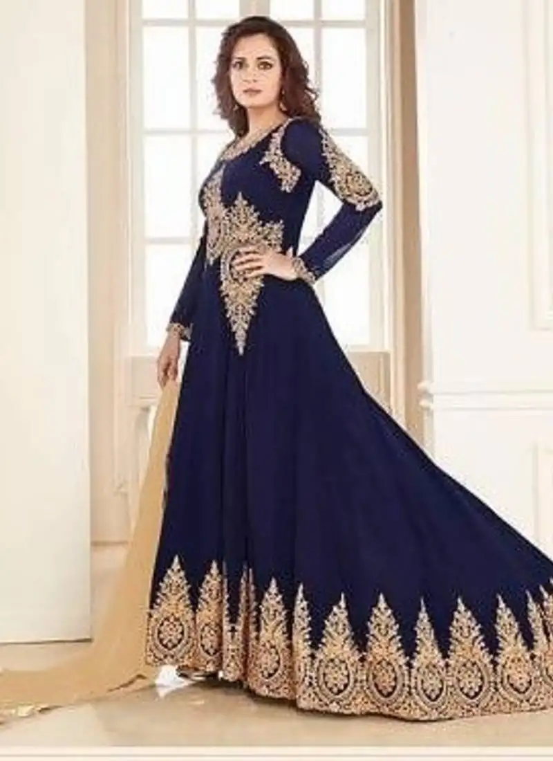 Navy blue georgette embroidered wedding wear designer anarkali semi-stiched suit semi stitched