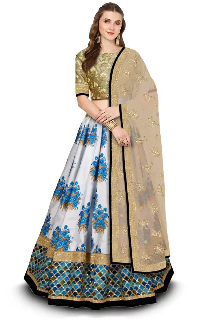 Botanical blue flower butta printed & dori and sequins embroidered art silk wedding lehenga