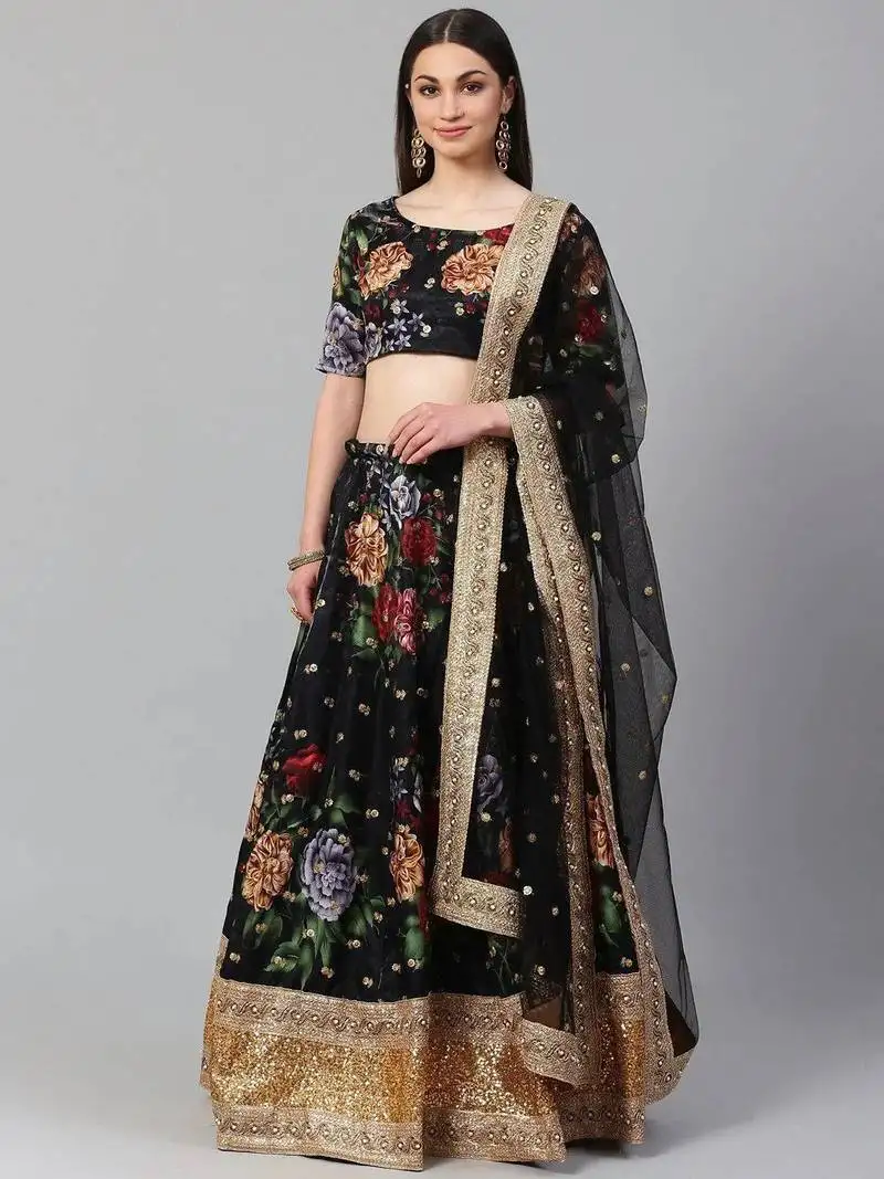 Black & grey printed semi-stitched lehenga & unstitched blouse with dupatta
