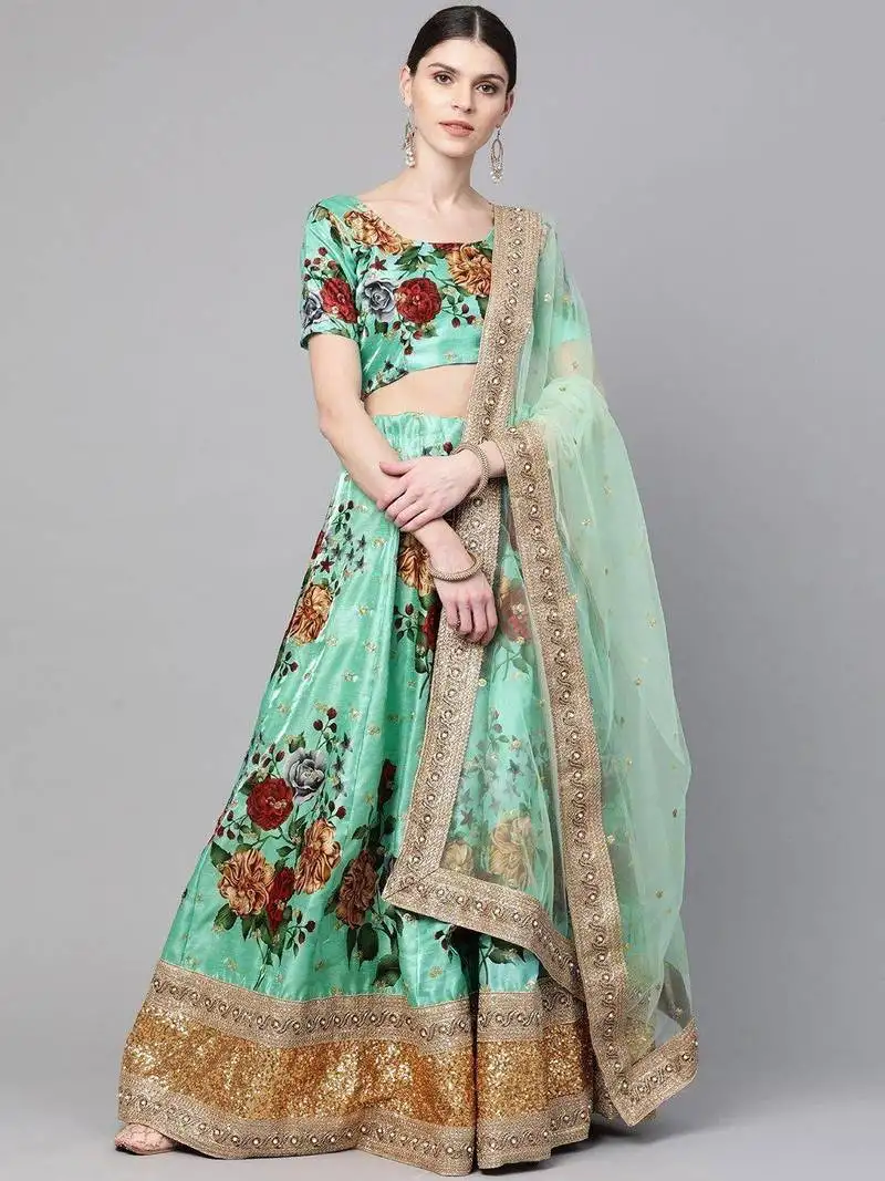 Green floral semi-stitched lehenga & unstitched blouse with dupatta