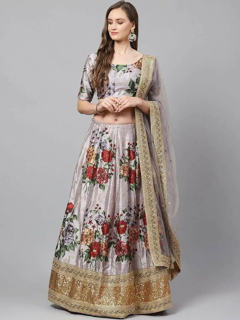 Grey & red printed semi-stitched lehenga & unstitched blouse with dupatta