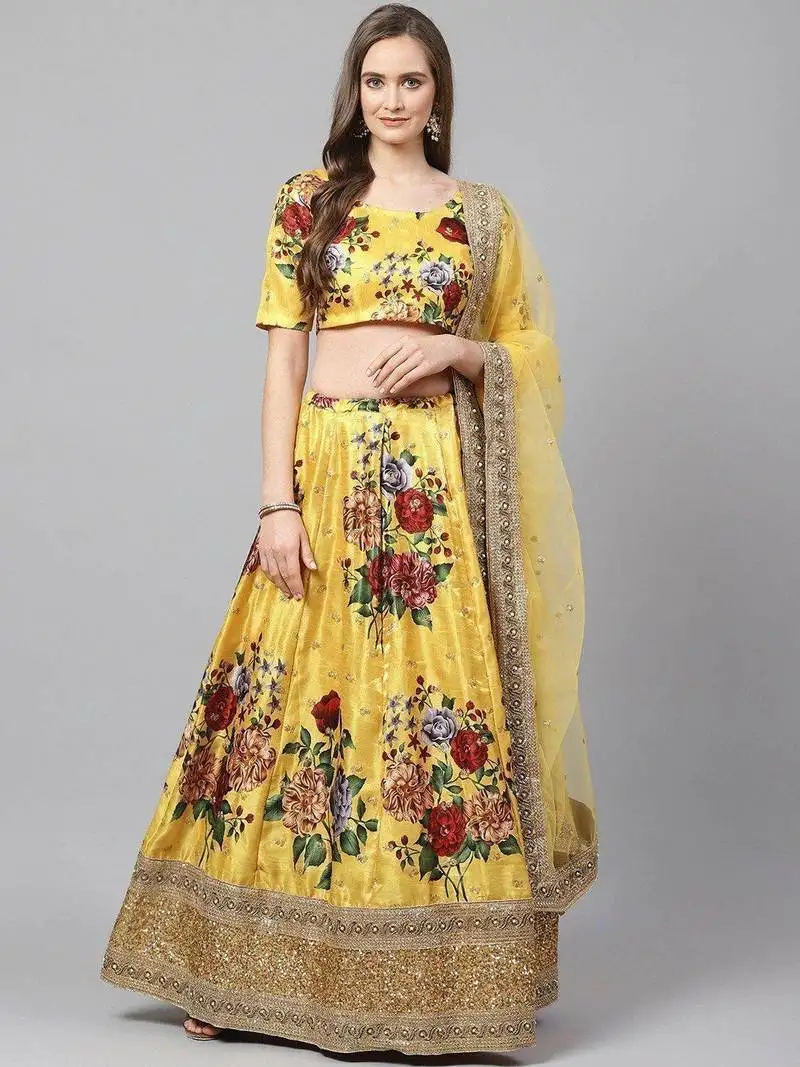 Yellow & burgundy printed semi-stitched lehenga & unstitched blouse with dupatta