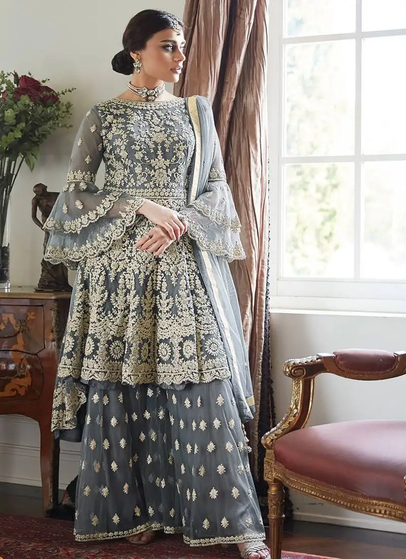 Grey net resham embroidered wedding wear designer indo western semi-suit semi stitched