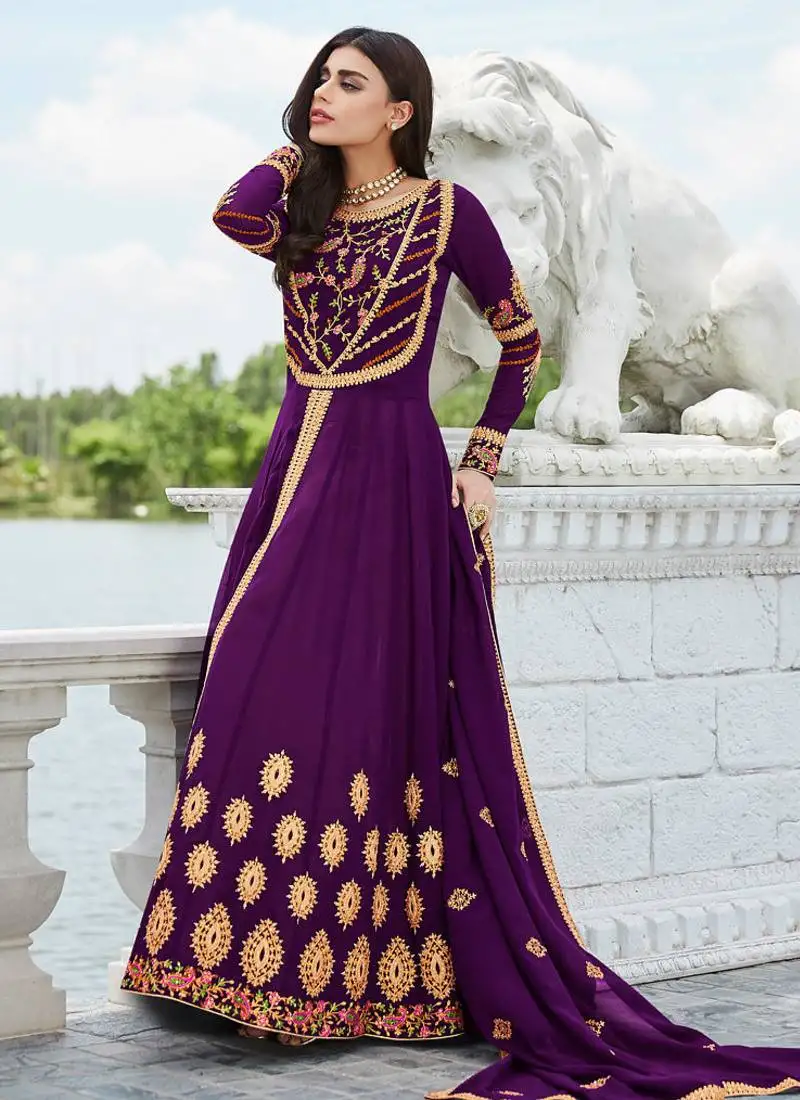Purple georgette embroidered wedding wear designer anarkali suit semi stitched