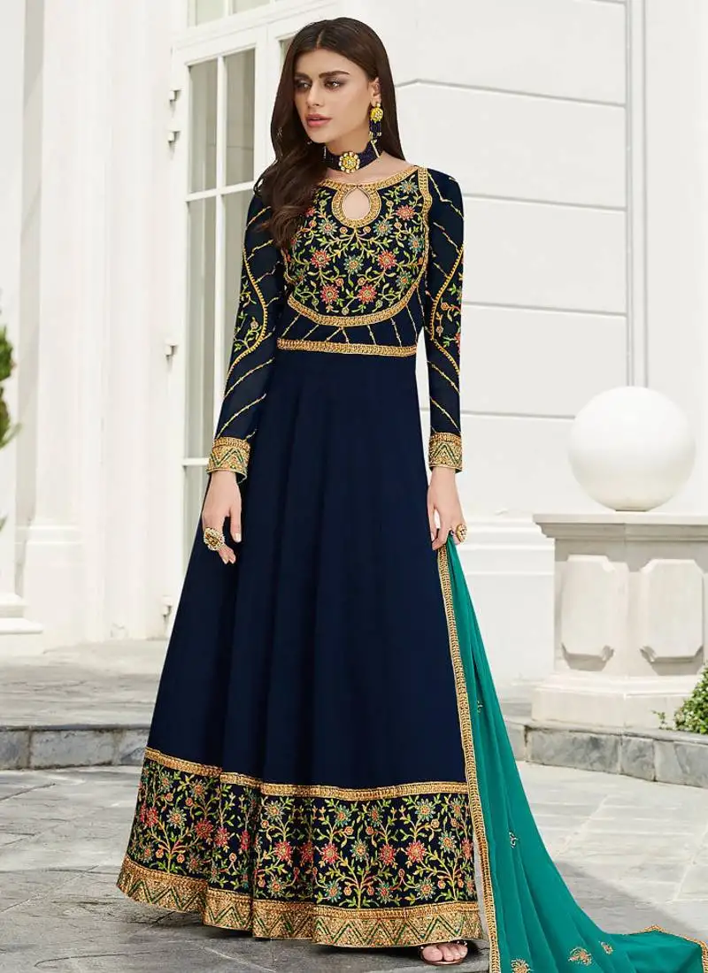 Navy blue faux georgette embroidered wedding wear designer anarkali semi-suit semi stitched