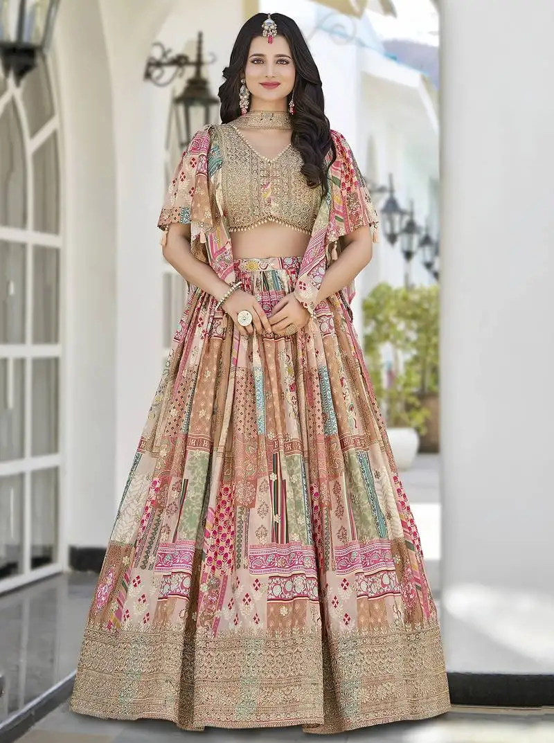 Beige chinnon silk digital print & zari dori embroidered party bridal indian wedding festive semi stitched lehenga choli