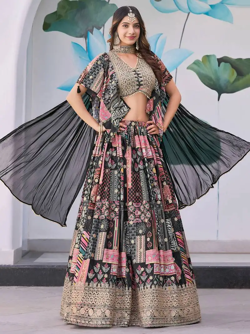 Black chinnon silk digital print & zari dori embroidered party bridal indian wedding festive semi stitched lehenga choli
