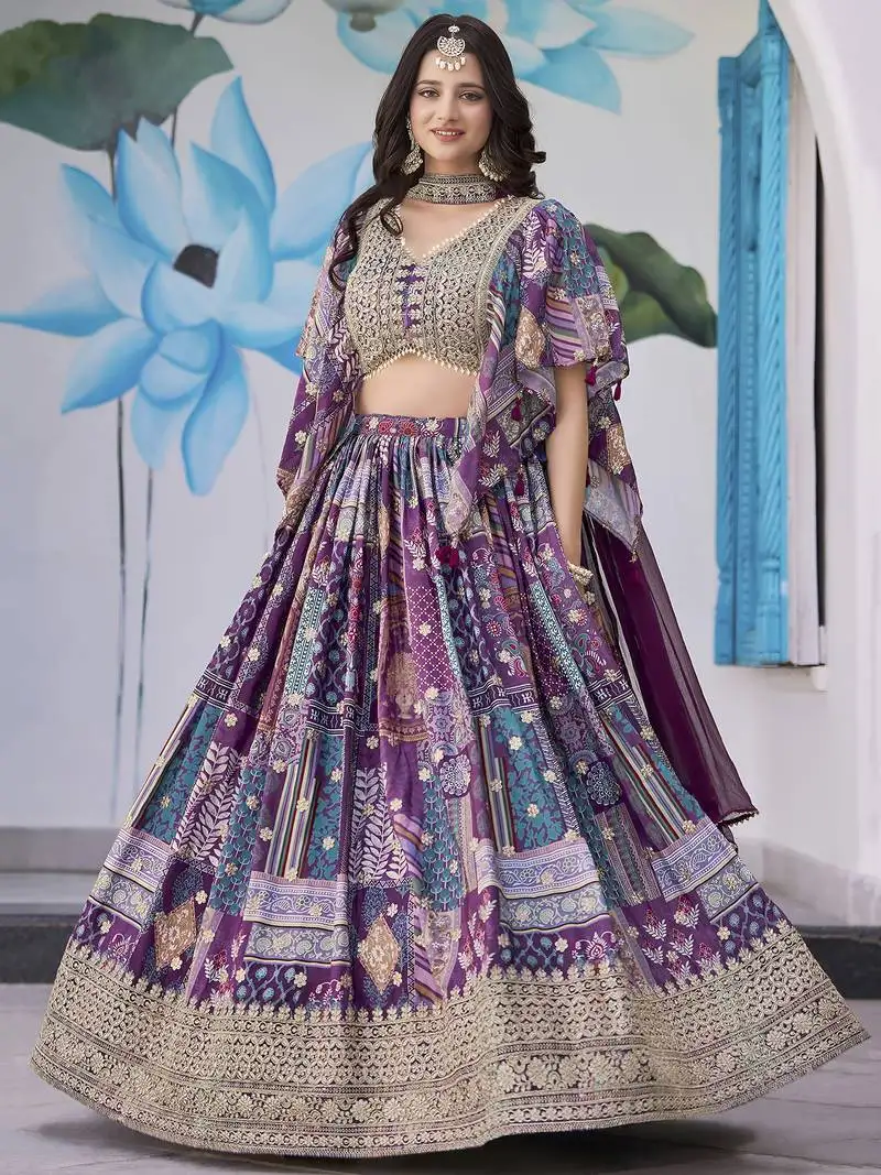Purple chinnon silk digital print & zari dori embroidered party wear indian wedding festive semi stitched lehenga choli