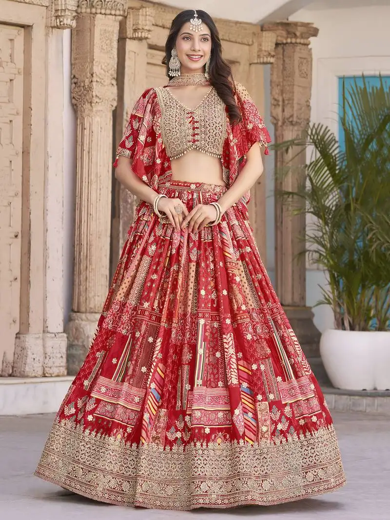 Red chinnon silk digital print & zari dori embroidered party bridal indian wedding festive semi stitched lehenga choli