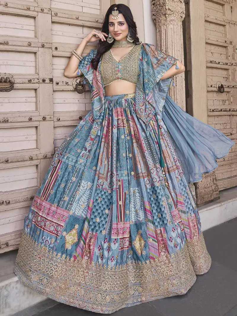 Sky blue chinnon silk digital print & zari dori embroidered party indian wedding festive semi stitched lehenga choli