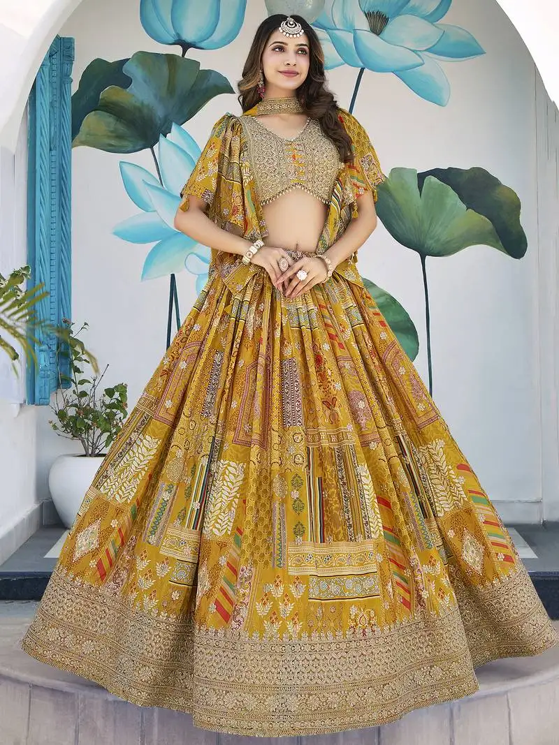 Yellow chinnon silk digital print & zari dori embroidered party wear indian wedding festive semi stitched lehenga choli