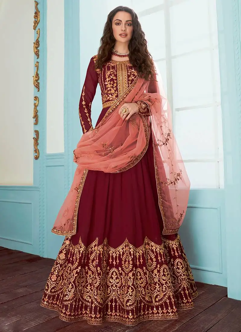 Maroon faux georgette embroidered wedding wear designer anarkali semi-suit semi stitched