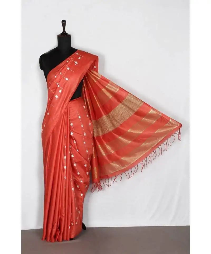 Red handloom bhagalpuri embroidered silk saree with embroidery work