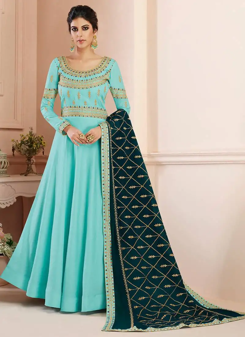 Sky blue tussar silk semi stitched wedding anarkali suit