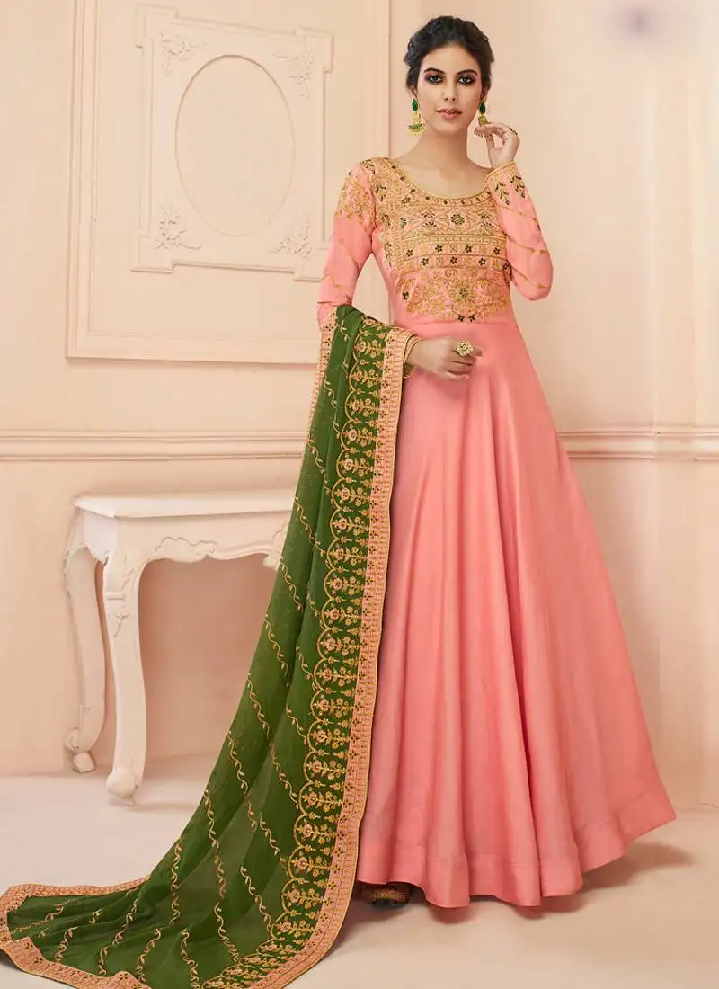 Pink tussar silk semi stitched wedding anarkali suit