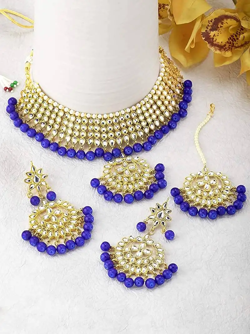 Traditional kundan & pearl blue choker necklace set for women