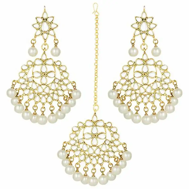 White gold plated pearl and kundan traditional maang tikka with earring set for women