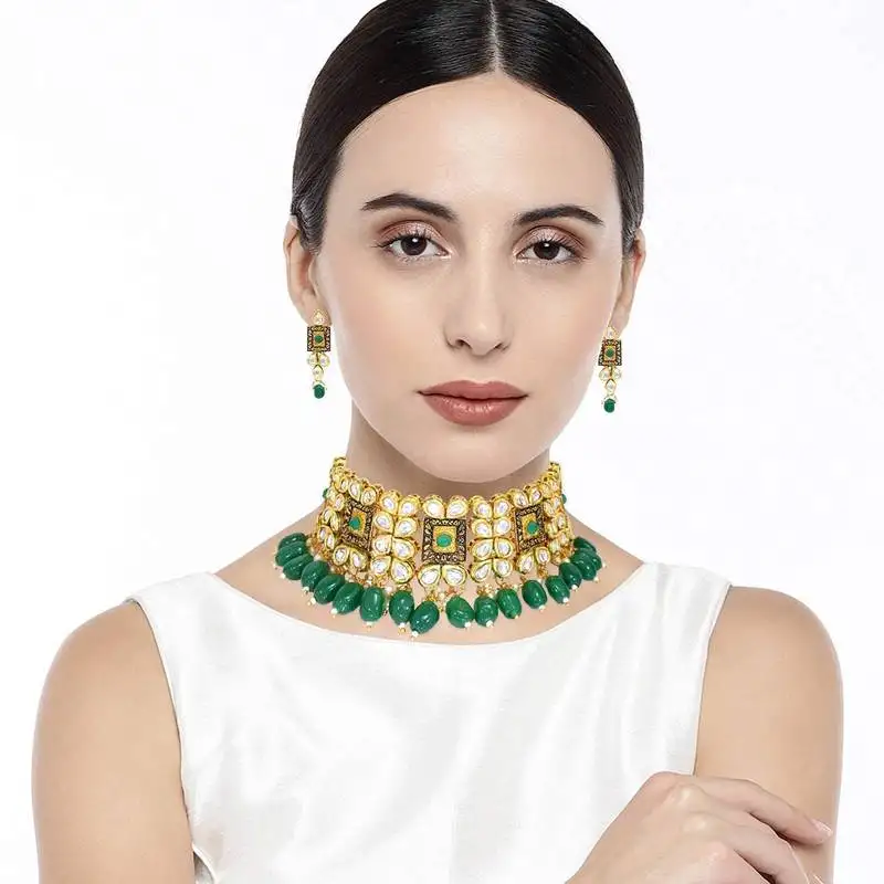 Traditional gold plated kundan & beads choker necklace jewellery set for women