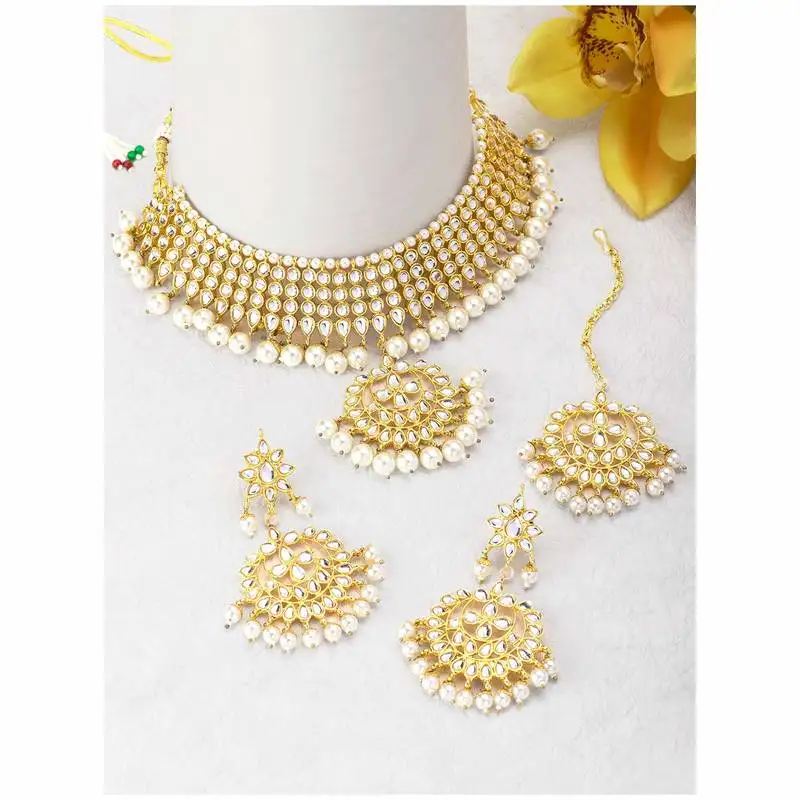 Traditional kundan & pearl white choker necklace set for women