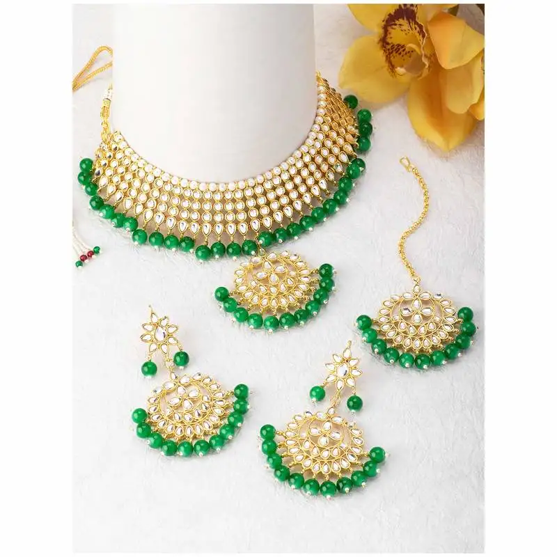 Traditional kundan & pearl green choker necklace set for women