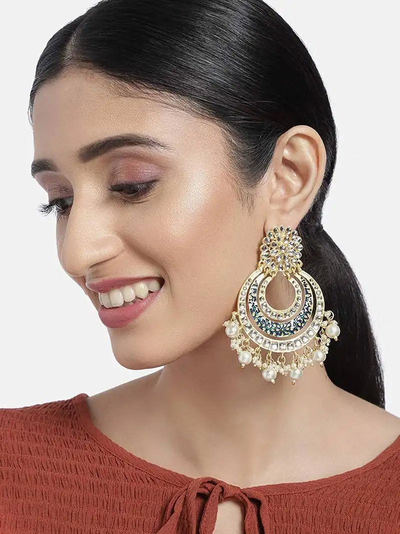 Matt finish plated chandbali handmade royal blue enamel::Meenakari kundan & pearl earrings for women (e2860bl)