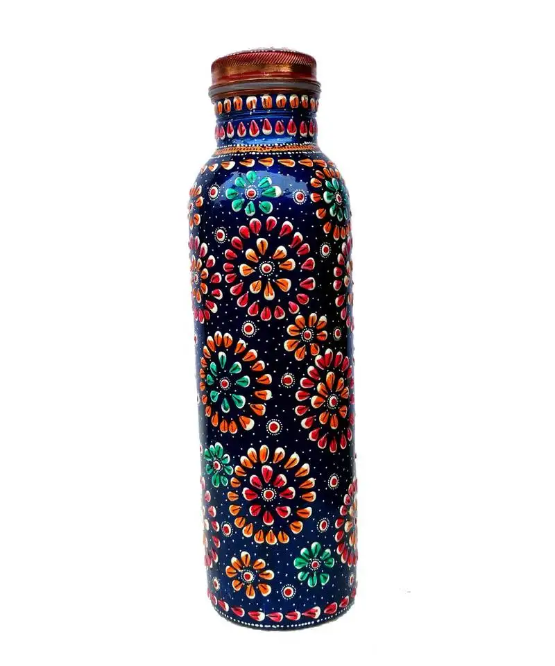 Pure copper hand painted bottle blue capacity 33oz :: 950 ml for drinking water storage::Yoga bottle