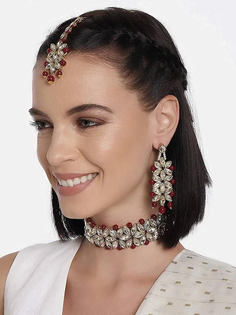 Traditional bridal choker jewellery set with earrings & maang tikka for women