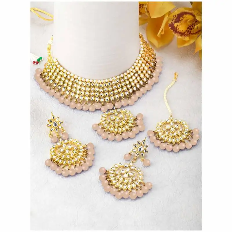 Traditional kundan & pearl peach choker necklace set for women