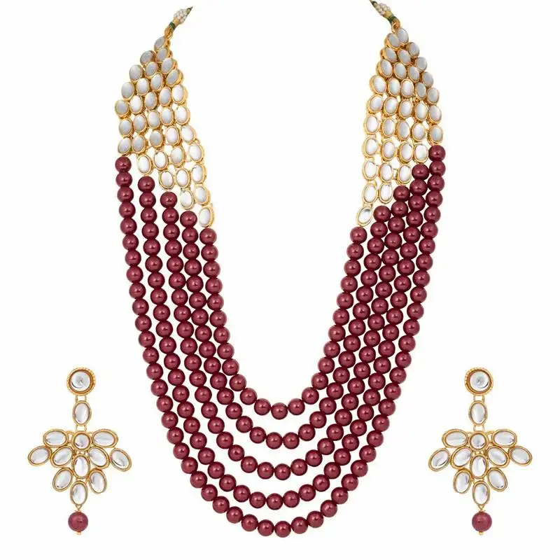 Faux mother-of-pearl and kundan rani haar necklace jewellery set with earrings for women