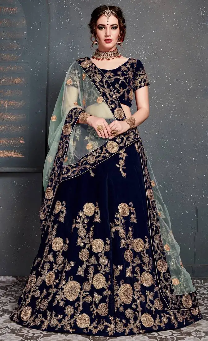 Navy blue embroidered velvet semi stitched lehenga with dupatta