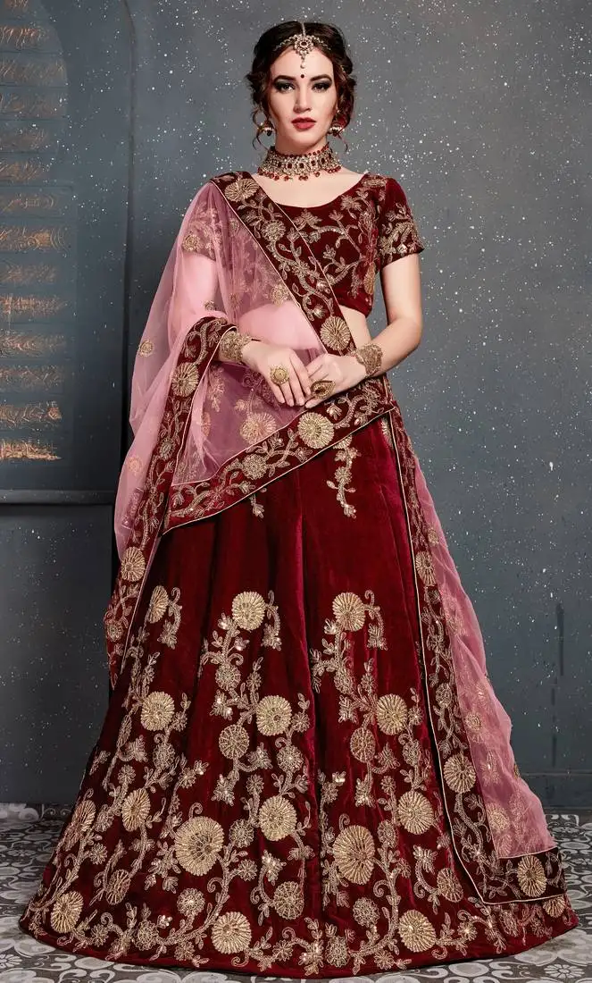 Maroon embroidered velvet semi stitched lehenga with dupatta