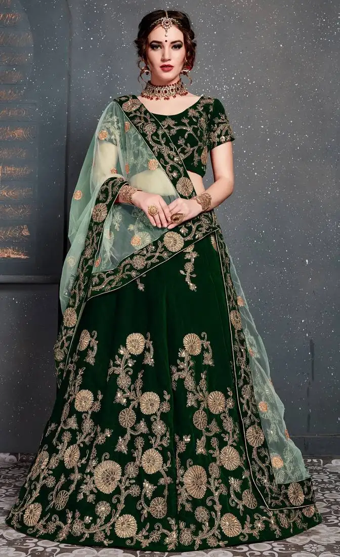Dark green embroidered velvet semi stitched lehenga with dupatta