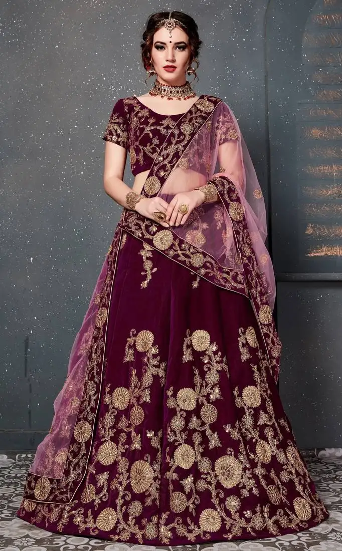 Purple embroidered velvet semi stitched lehenga with dupatta