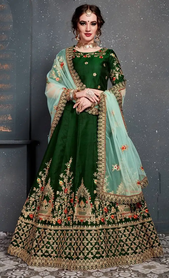 Dark green embroidered satin semi stitched lehenga with dupatta