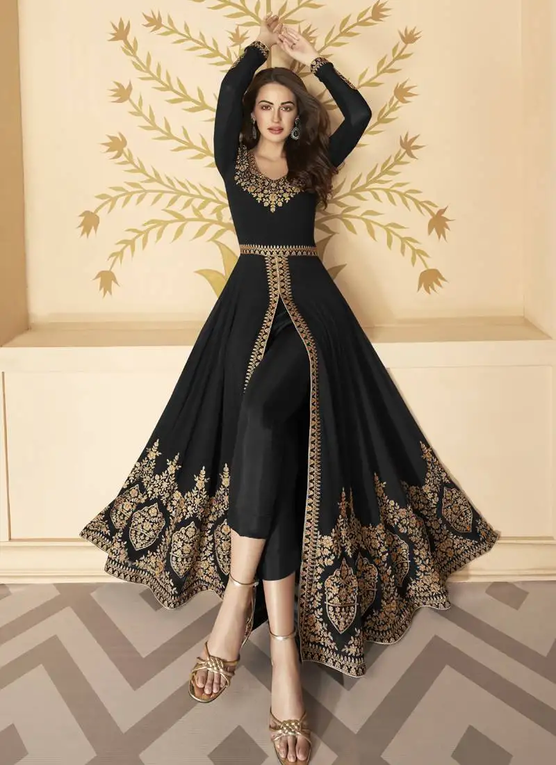 Black slit style zari embroidered anarkali pant suit semi stitched