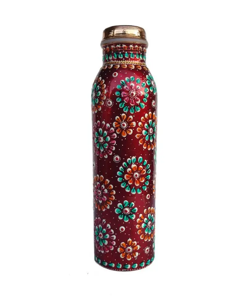 Copper bottle hand painted red color capacity -950 ml::33 oz for water storage