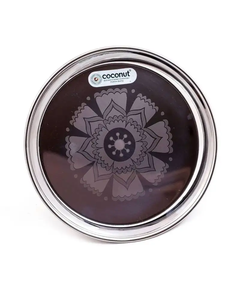 Coconut stainless steel heavy guage full plates rangoli design round dinner plates -1 pc (27.5 cms each)