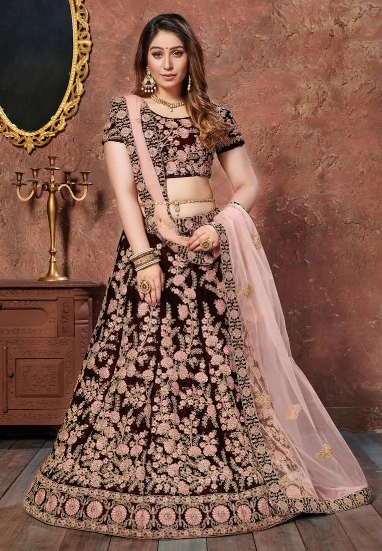 Exquisite maroon thread, dori & sequins embroidered velvet semi stitched bridal lehenga