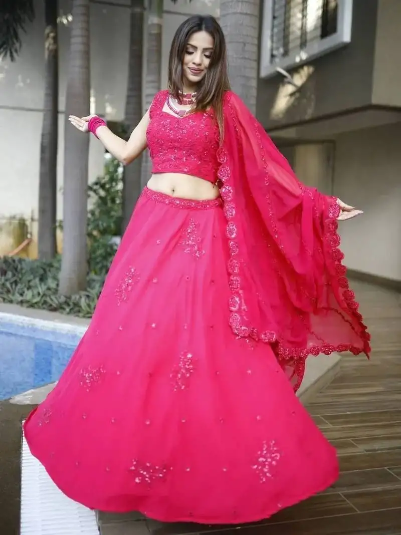 Beautiful pink sequins georgette wedding lehenga choli with dupatta
