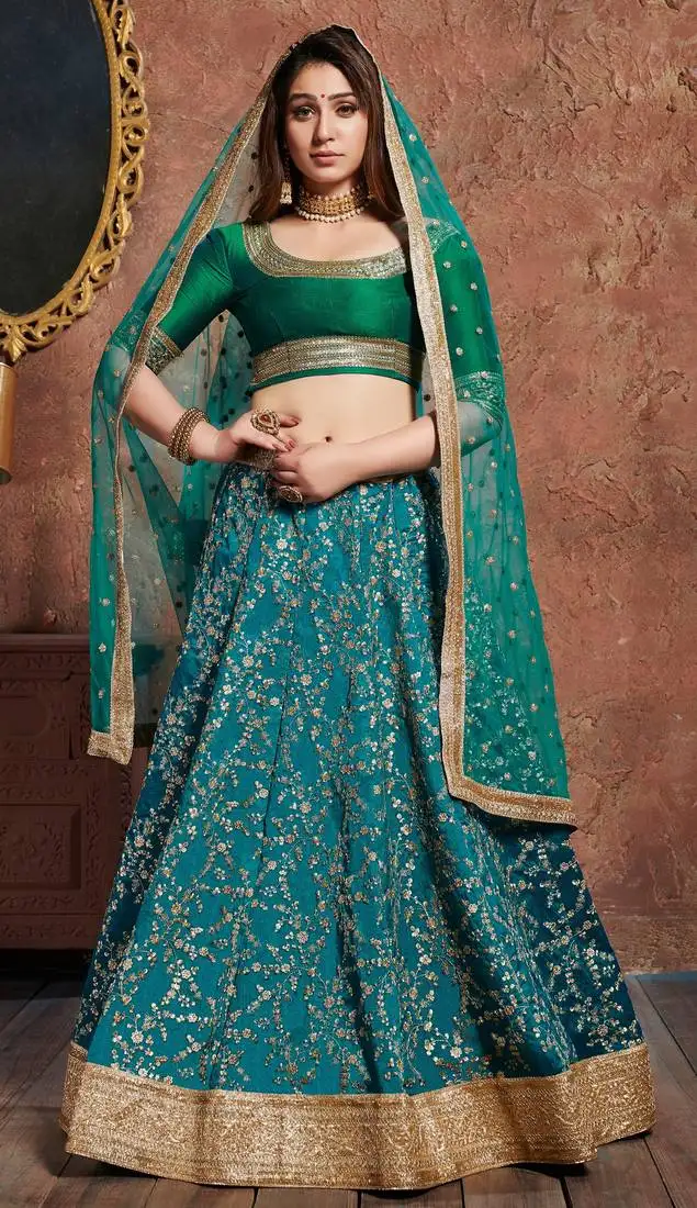Turquoise embroidered art silk semi stitched lehenga with dupatta
