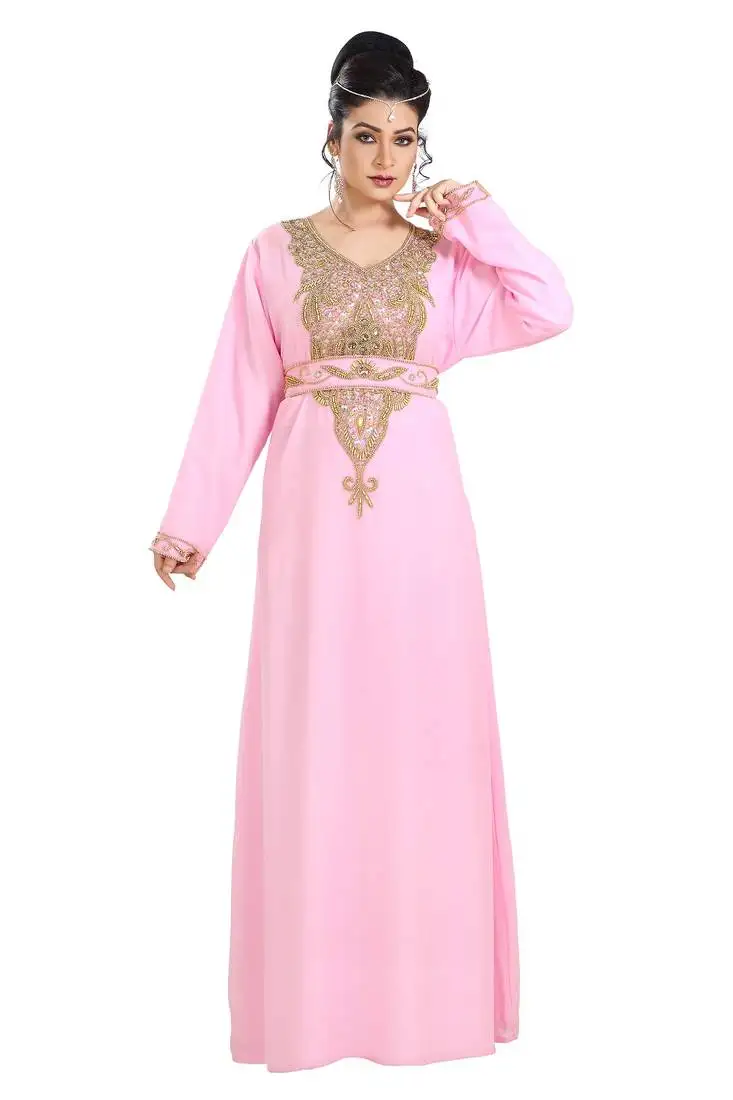 Baby pink hand embroidered georgette dubai kaftan