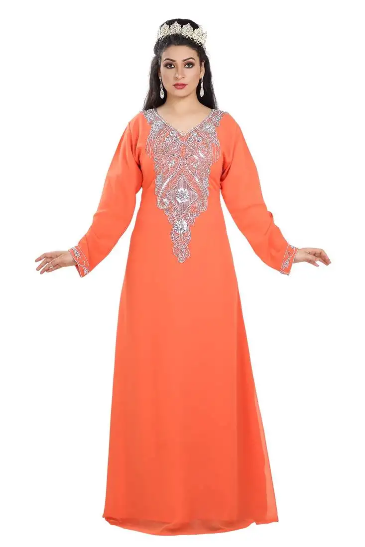 Orange hand embroidered georgette kurdish dress