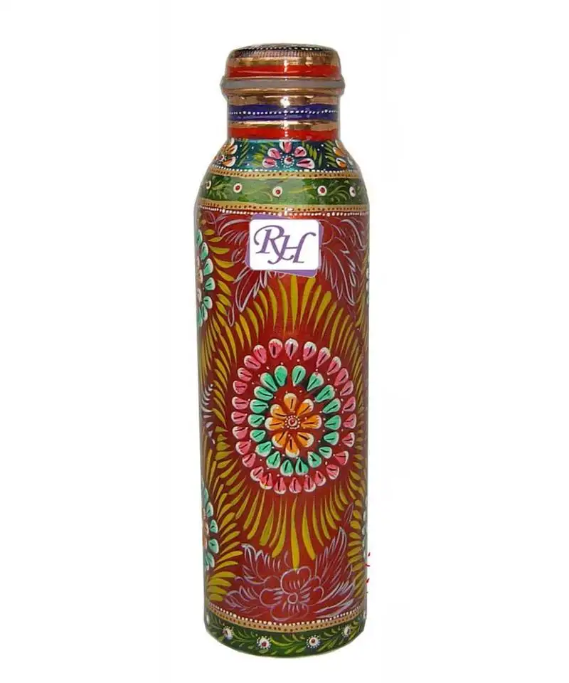 Pure copper hand painted bottle red capacity 33oz :: 950 ml for drinking water storage::Yoga bottle