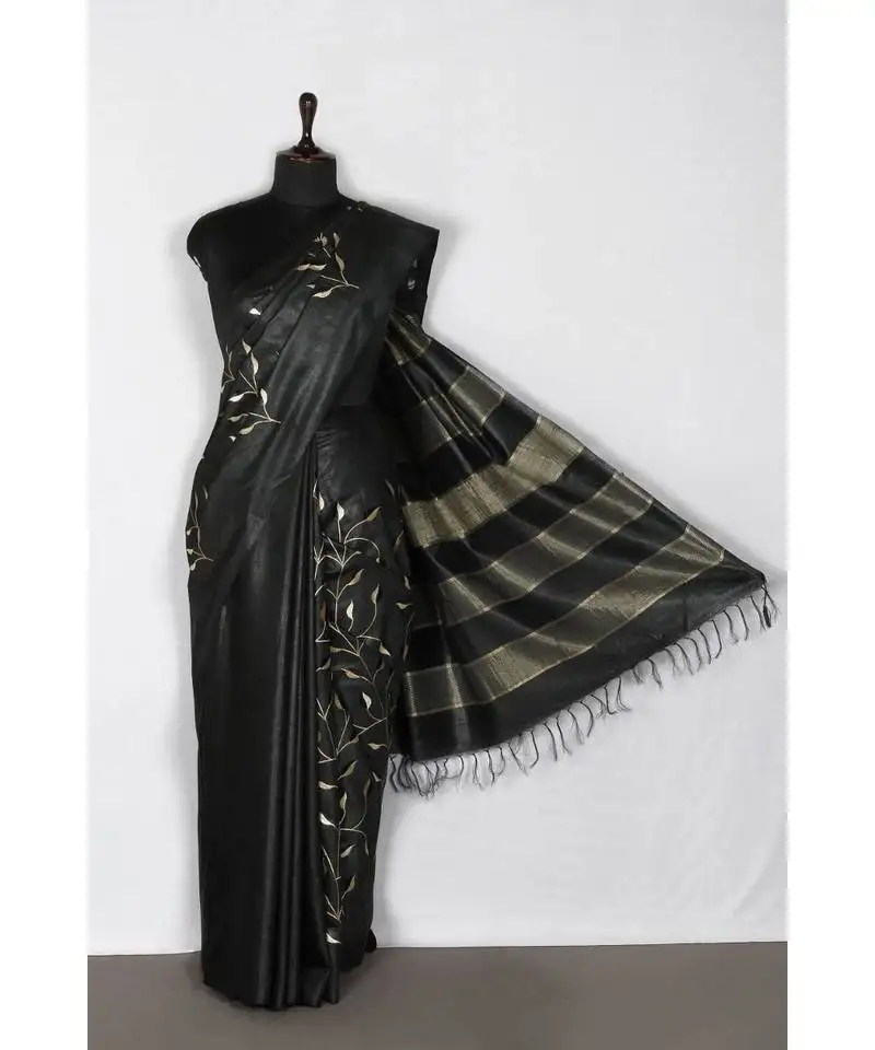 Black handloom bhagalpuri embroidered silk saree with embroidery work