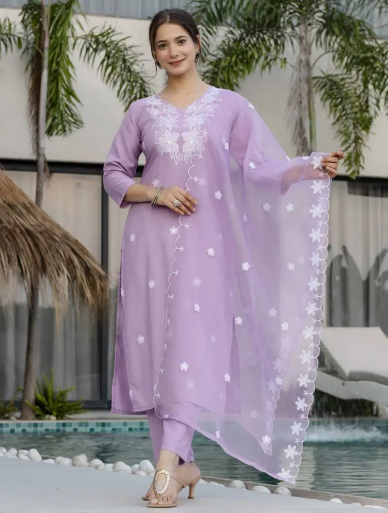 Women beautiful thread work rayon fabric with straight kurta, pant and dupatta set